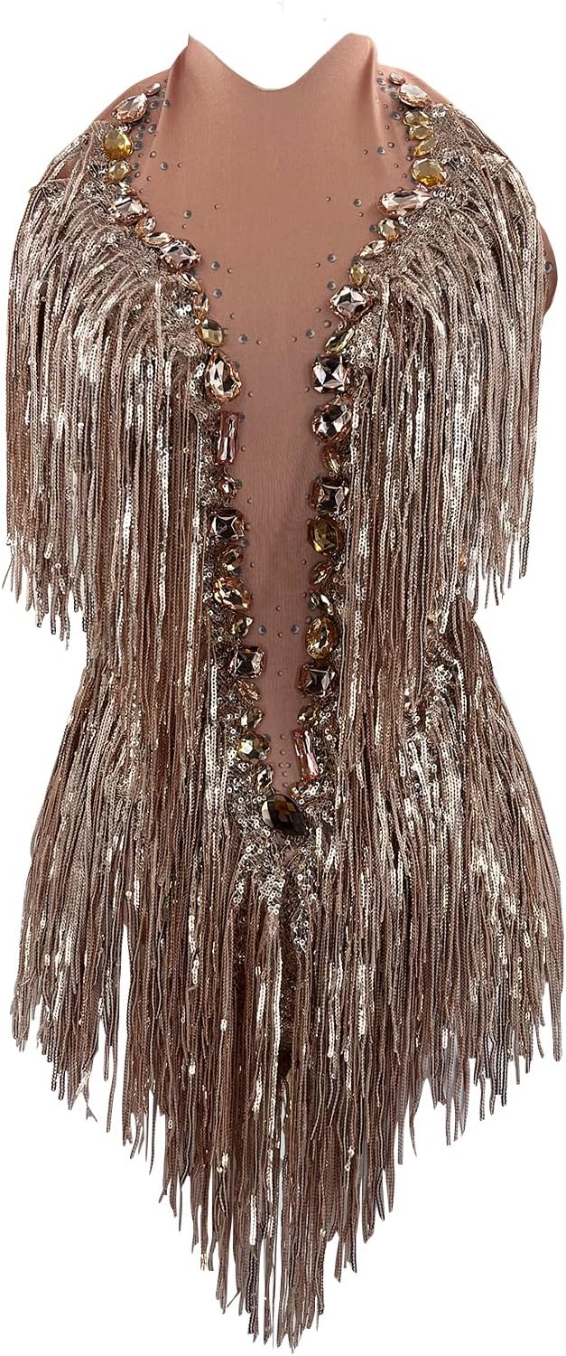 JUBAODS Sparkly Diamante Fringe Bodysuit Women Sexy Dancer Celebrate Outfit Prom Bar Birthday Nightclub Drag Queen Costume