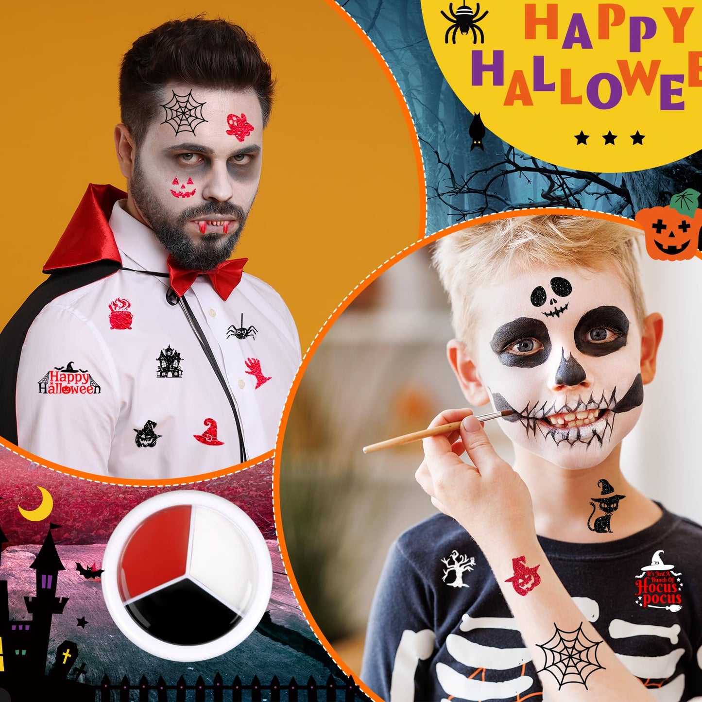 18 Pcs Halloween Face Paint Kit 3 Colors Red White Black Face Paint Kit with Glitter Stencil Makeup Brush for Halloween Cosplay