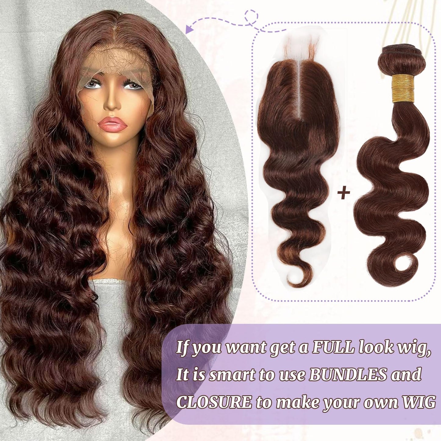 DSEKCAIN 4# Chocolate Brown Color Body Wave 2x6 HD Lace Closure Human Hair Transparent Lace Closure 2x6 Long Middle Part 100% Ra
