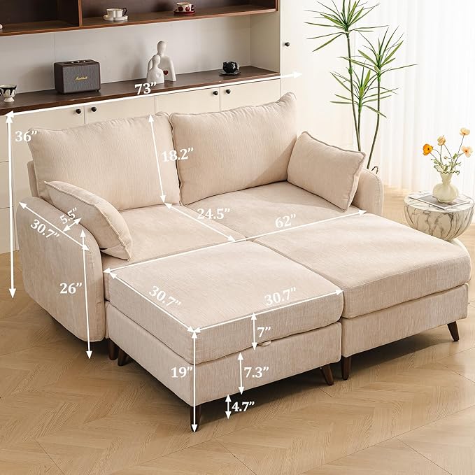 73'' Loveseat Sofa with Seats Storage, Modular Sectional Couch with Movable Ottoman,Oversized Comfy Couch, 7.8'' Thick Cushion,24.5'' Deep Seat,Large Couches for Living Room,Bedroom,Velet,Cream