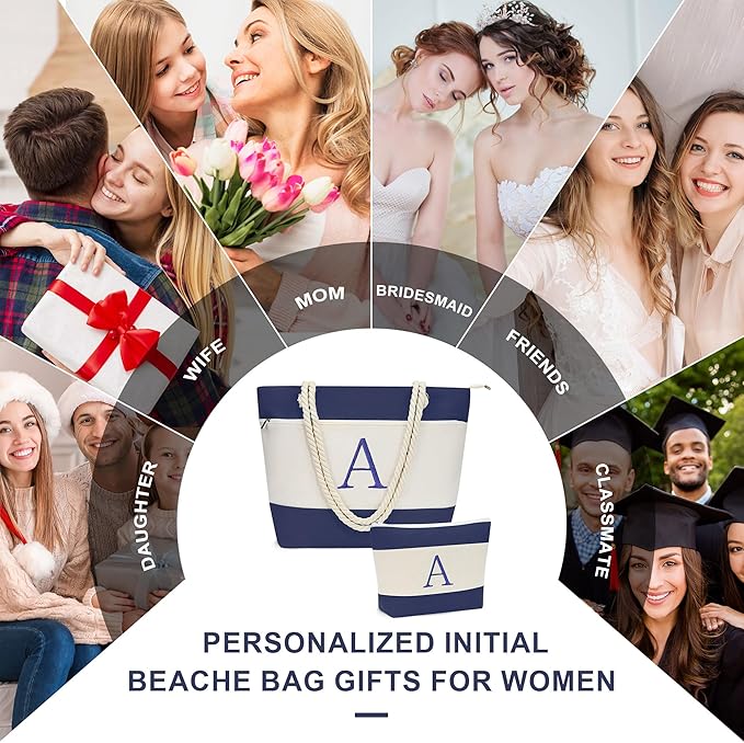 YOOLIFE Beach Bags for Women - Initial Canvas Tote Waterproof Bag with Makeup Bag Gifts for Women Mom Friend Birthday Her