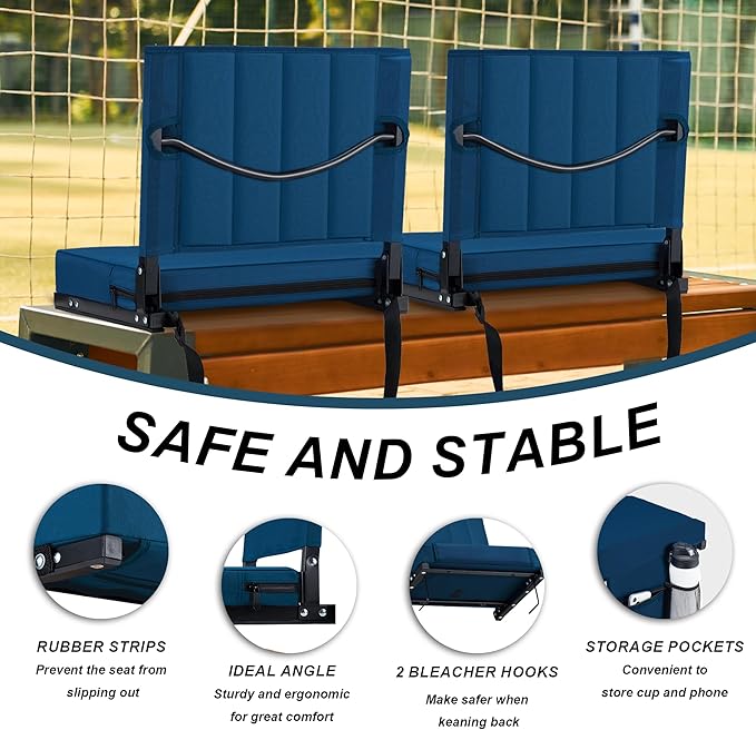 Aliphon Stadium Seat for Bleachers with Back Support and Cushion, Bleacher Seats with Shoulder Strap and Cup Holder, Padded Portable Folding Comfort Stadium Chair, for Sports Events, Navy Blue (1pcs)