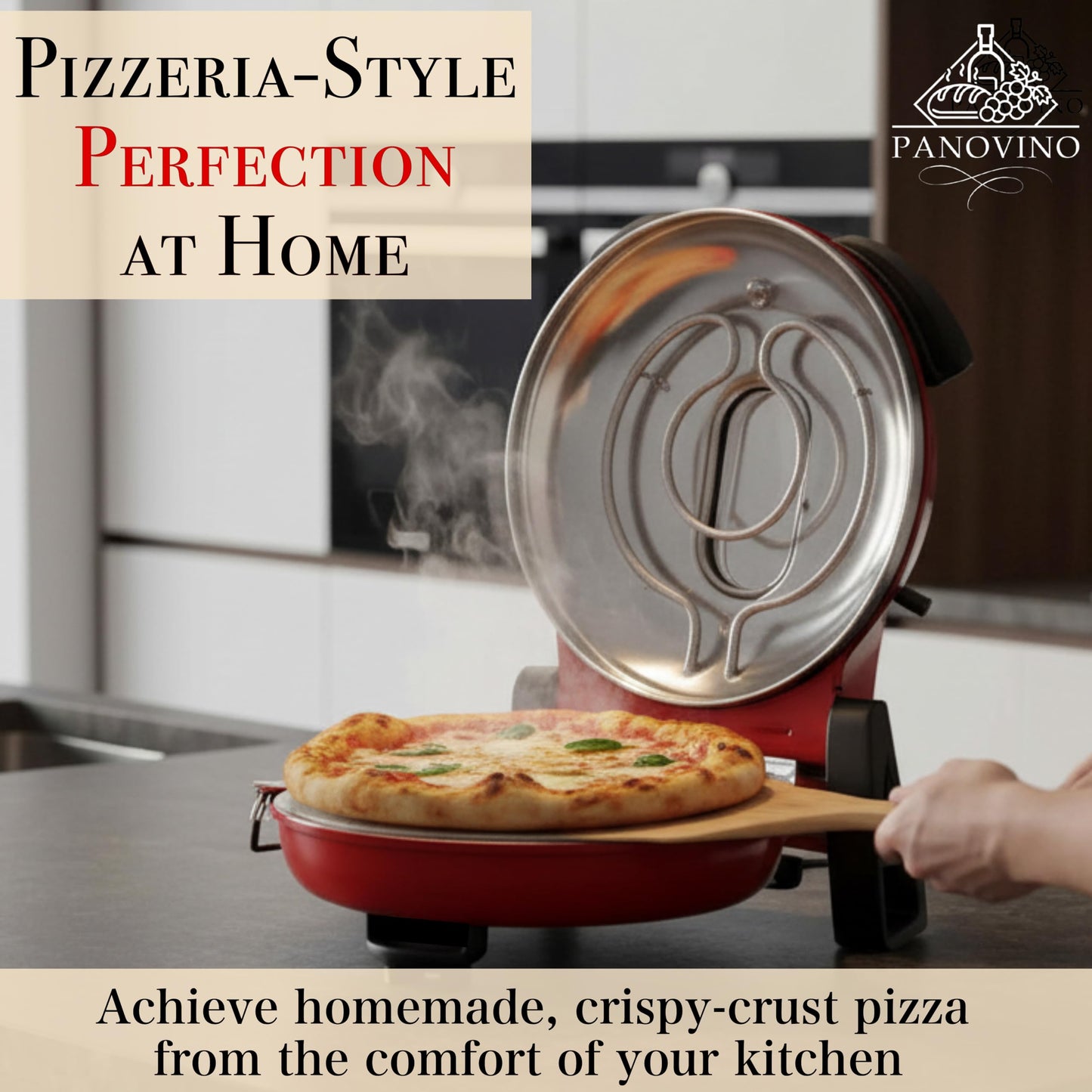 PANOVINO Electric Indoor Pizza Oven | 800°F Countertop Pizza Cooker with 12" Ceramic Stone and Dual Temp Controls | Perfect for Quick Cooking Homemade Pizzas | Compact Design for Kitchen Use, Red