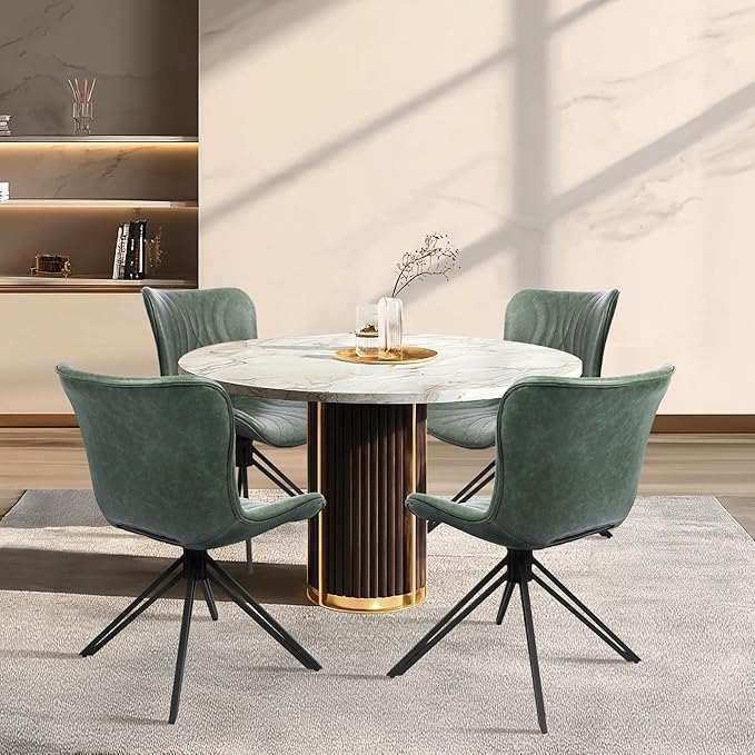 VATROS Dining Chairs Set of 4, 360° Swivel Upholstered Mid-Century Modern Kitchen Dining Room Chairs, Armless Faux Leather Accent Side Chair with Padded Back,Metal Legs for Living Room Bedrooms,Green