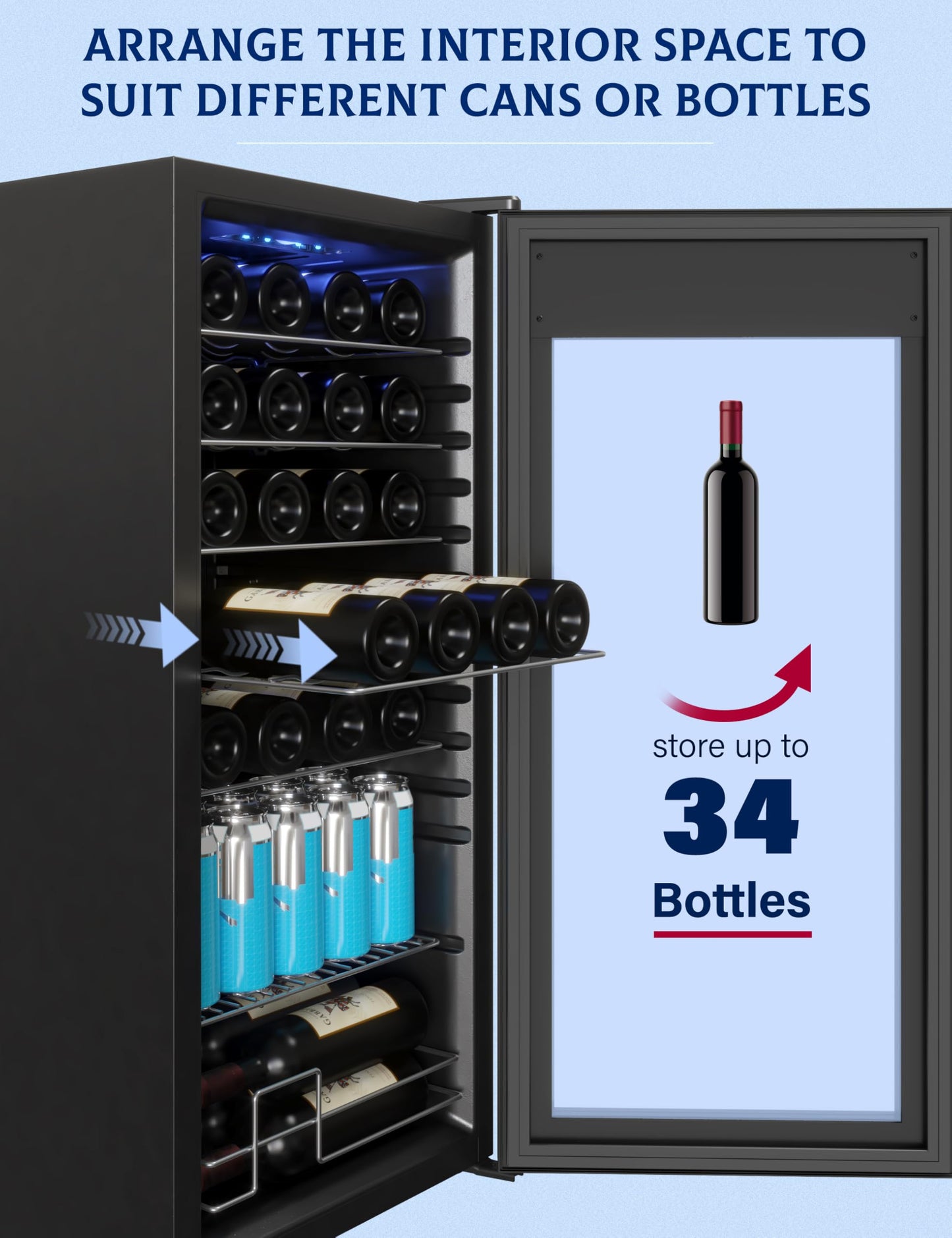 GarveeHome Wine Fridge, Compressor Wine Cooler Refrigerator, Beverage and Wine Refrigerator with Digital Touch Control, Double-Layer Glass Door, Freestanding or Built-In, 32 Bottles