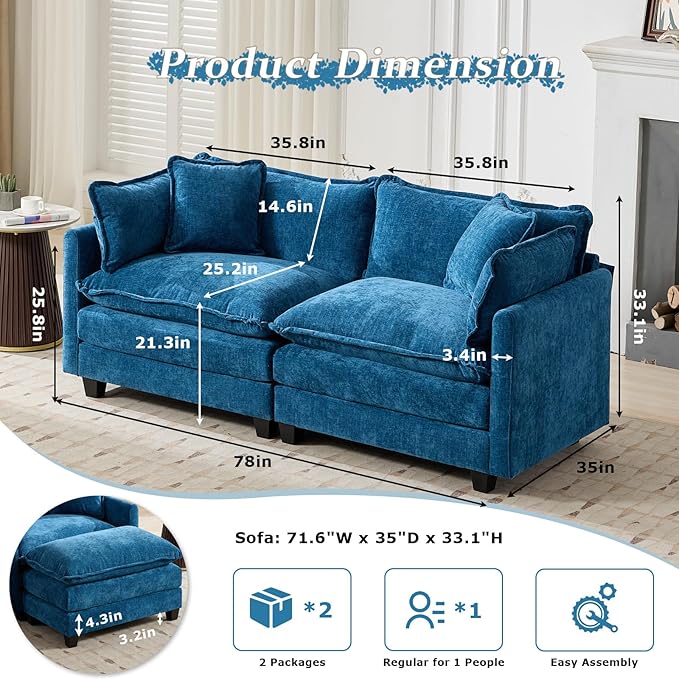 SoarFlash 77.95" Chenille Sectional Sofa, Comfy Modular Loveseat Sofa, Modern 2-Seat Couch Deep Seat Sofa Set for Living Room,Blue