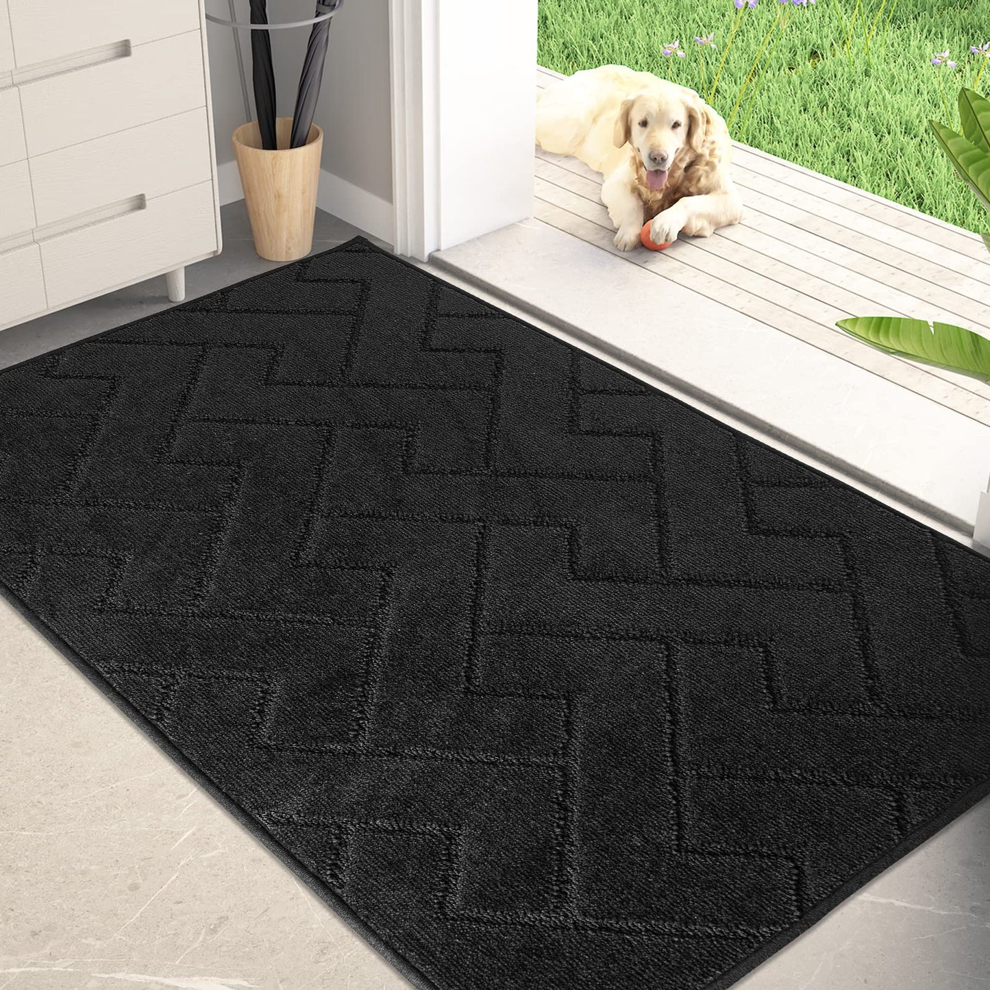 PURRUGS Dirt Trapper Door Mat 32" x 47", Non-Slip Machine Washable Entry Rug, Shoe Scraper, Dog Doormat, Super Absorbent Welcome Mat for Front & Back Door, Muddy Wet Shoes & Paws, Black