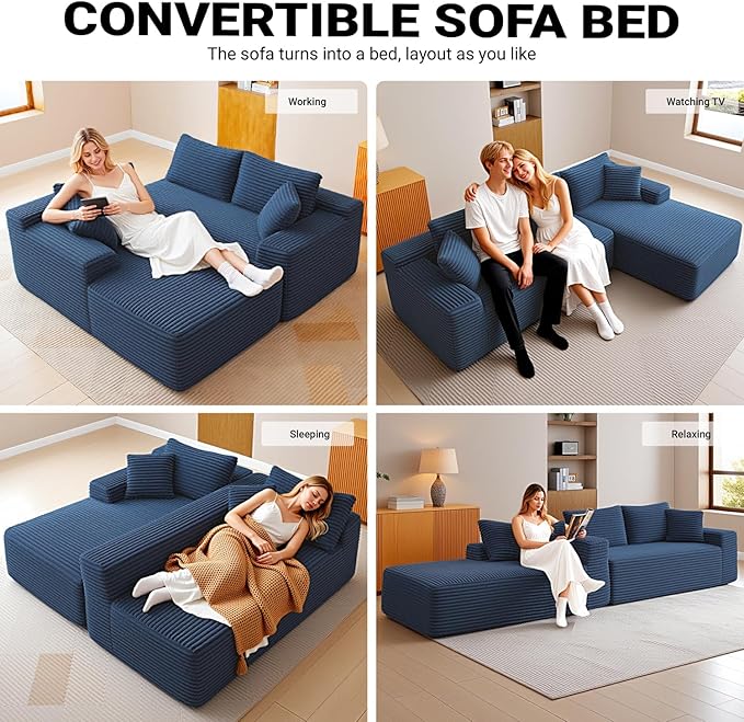 108" Cloud Sectional Couch,Modern Modular Sectional Sofa with Deep Seat,Corduroy Boneless Couches with L-Shape Chaise for Living Room,No Assembly Required (Blue, Right Facing Chaise)