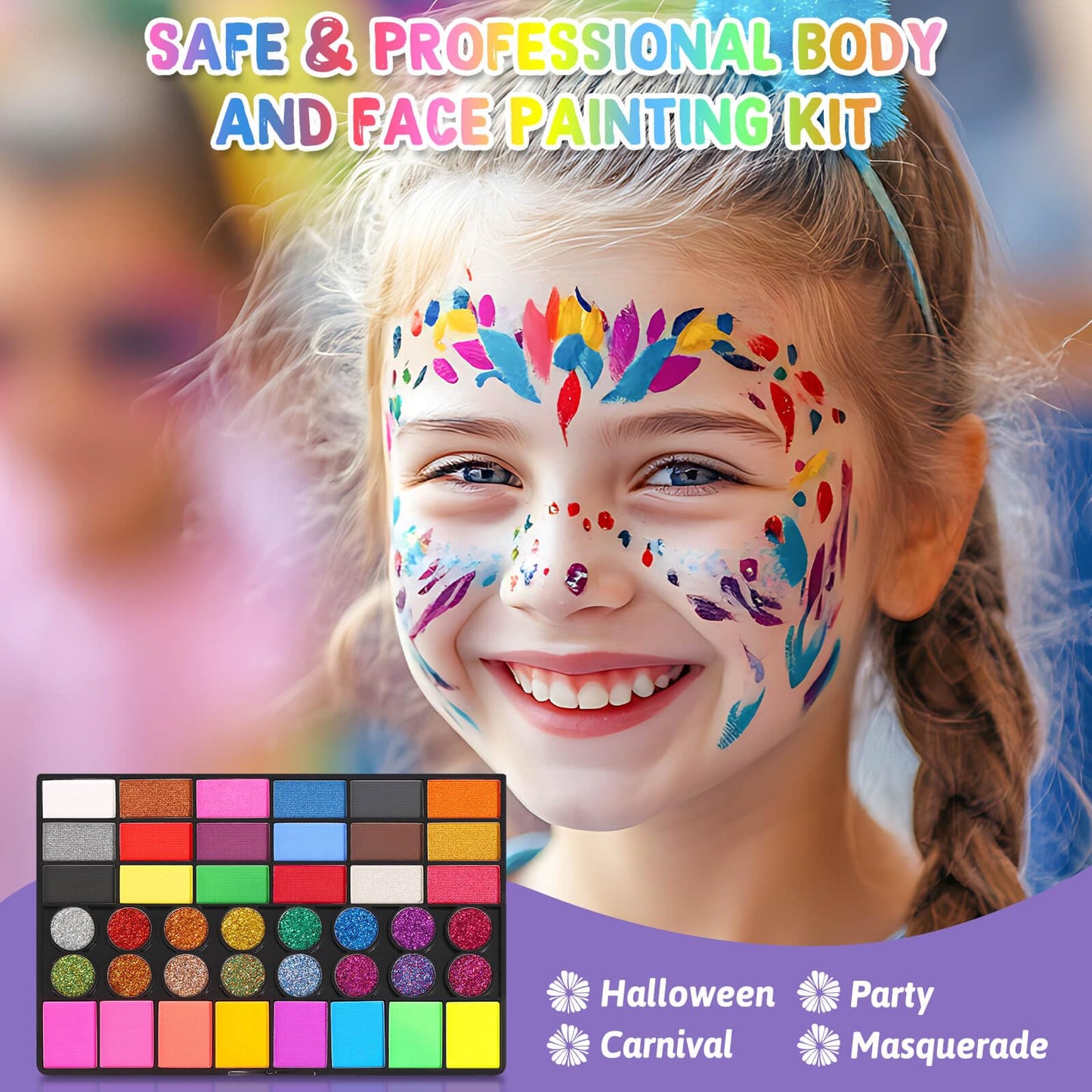 Flasoo Kids Face Painting Kit - 42 Non-Toxic Colors, 16 Crayons, 6 Reusable & 40 Sticky Stencils for Parties & Halloween
