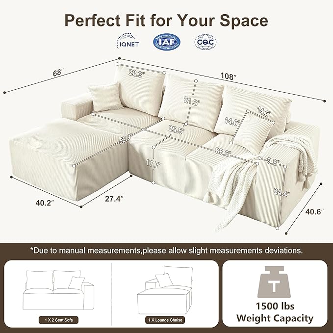 108" Modular Sectional Sofa, Compression Sofa with Deep Seat, Modular L-Shape Couch with Chaise, Upholstered Couches for Living Room Bedroom, No Assembly Required (White Corduroy, 108" L Shape)