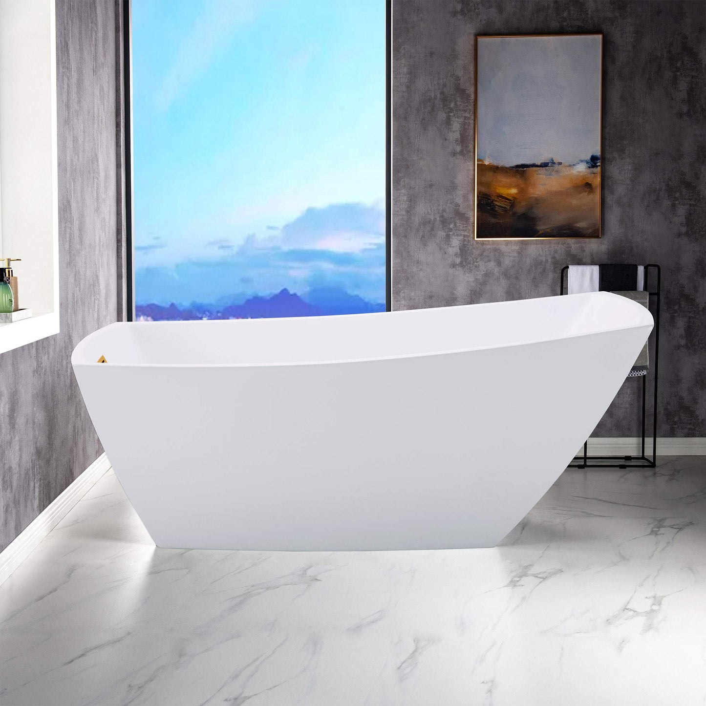 WOODBRIDGE 67" Acrylic Freestanding Bathtub Contemporary Soaking Tub with Brushed Gold Overflow and Drain,White