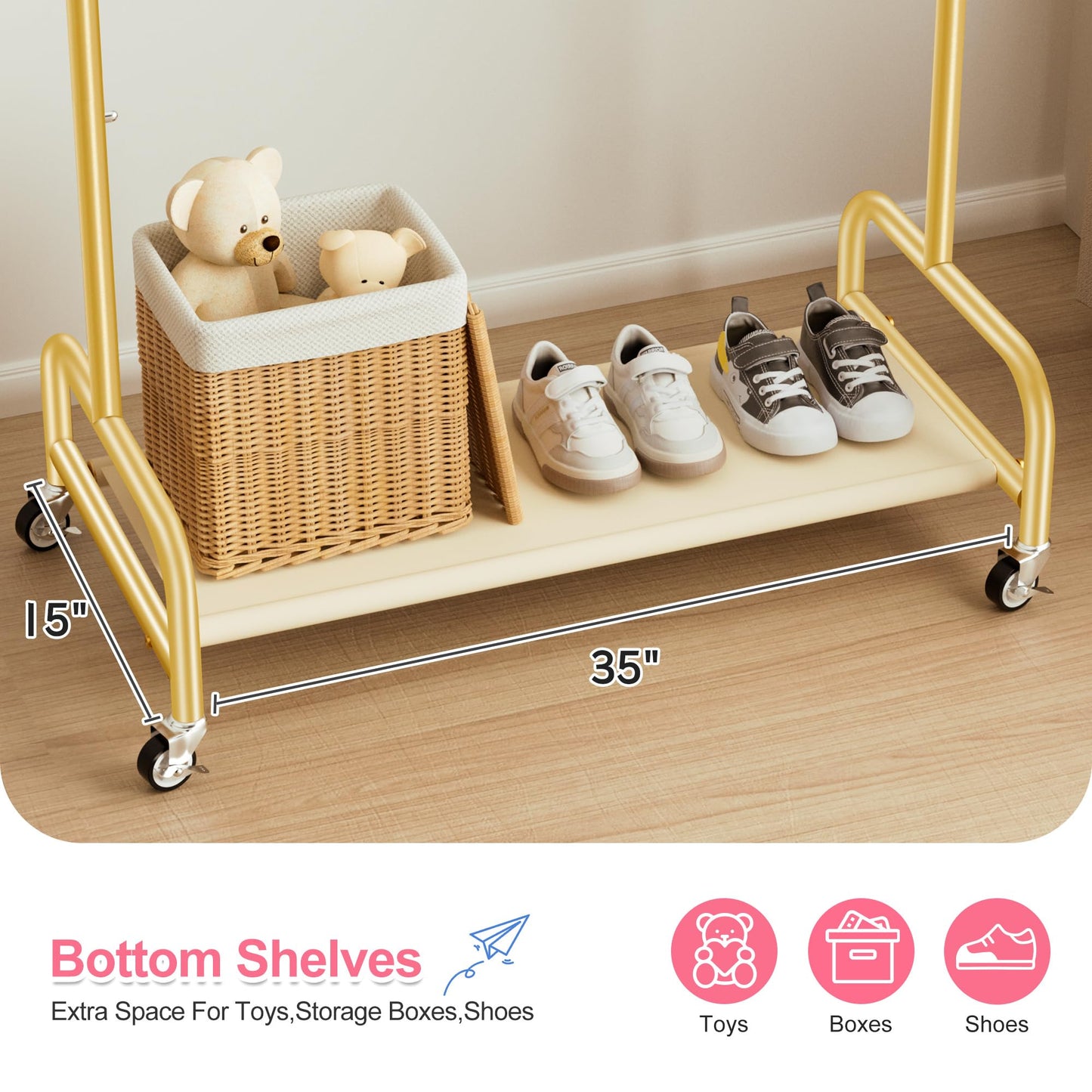 SLEEPING LAMB Kids Dress Up Rack with Wheels, Metal Small Kids Clothing Rack for Hanging Clothes with Bottom Shelf, Baby Dress Up Storage Wardrobe for Little Girls,Toddler, Gold