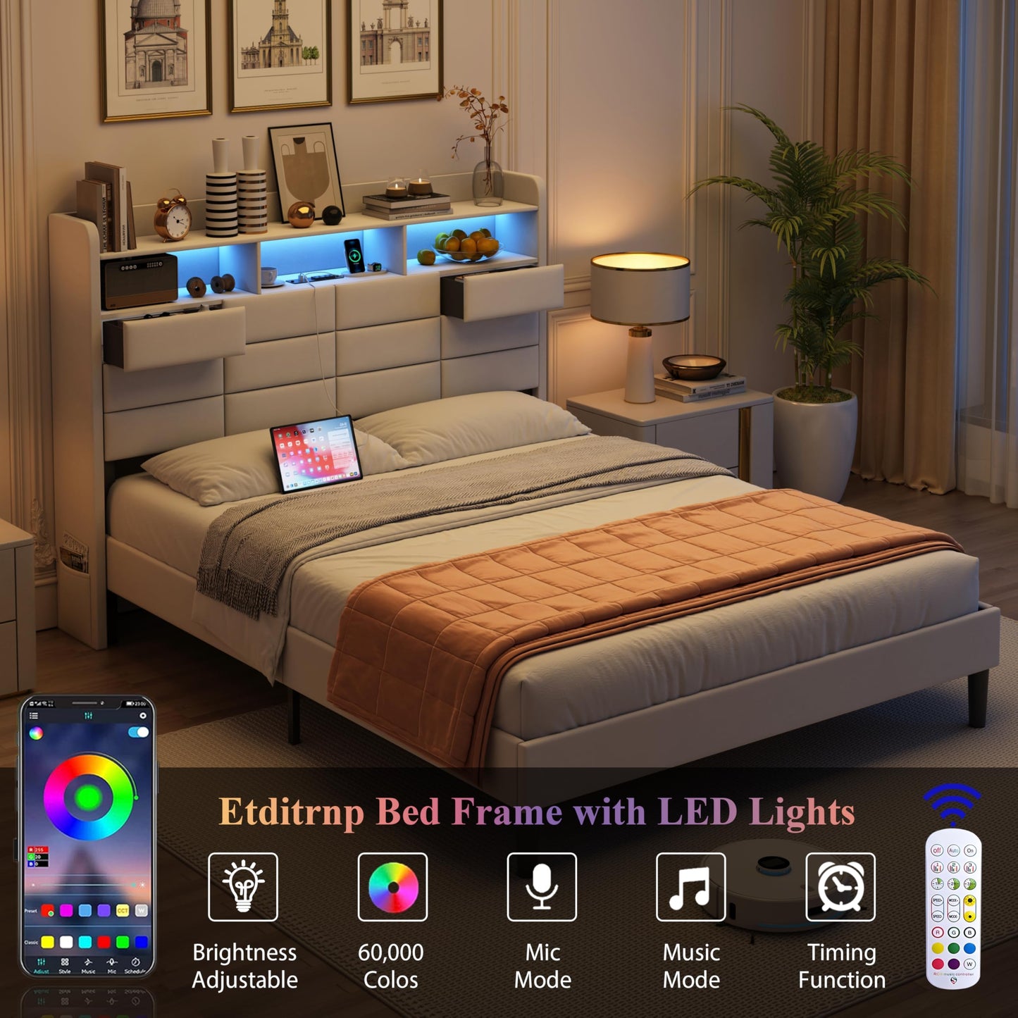 Etditrnp LED Bed Frame Queen Size with Storage Headboard, 2 Hidden Drawers and Charging Station, Velvet Bed Frames with Led Lights, Wooden Slats Support, Easy Assembly, No Box Spring Needed, Beige