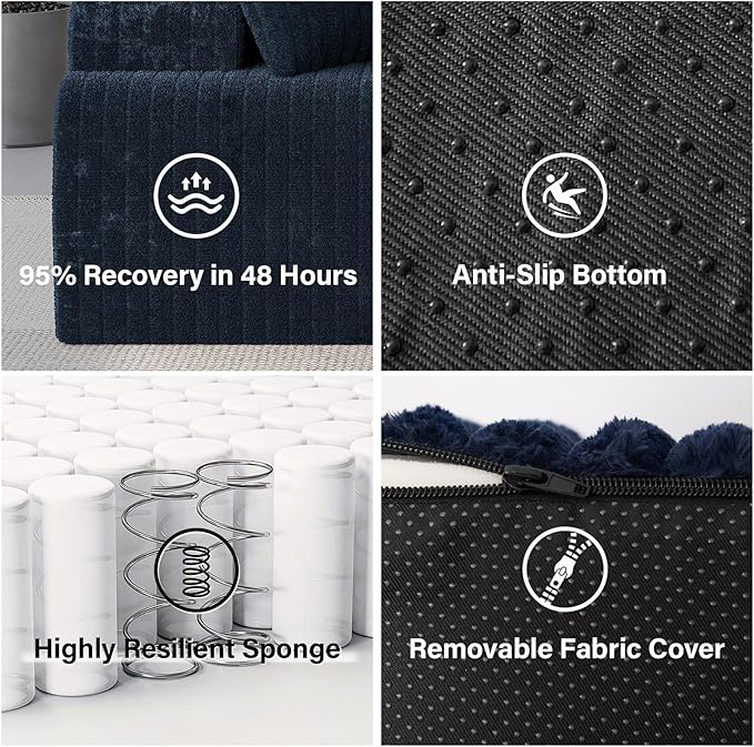 LAUSAINT HOME 96" Modular Sectional Sofa Couches, L-Shaped Boneless Cloud Sofa with 3 Deep Seat, 5 Cushiones Oversized Chaise for Living Room, Bedroom, Plush Corduroy Fabric (Left, Navy Blue)