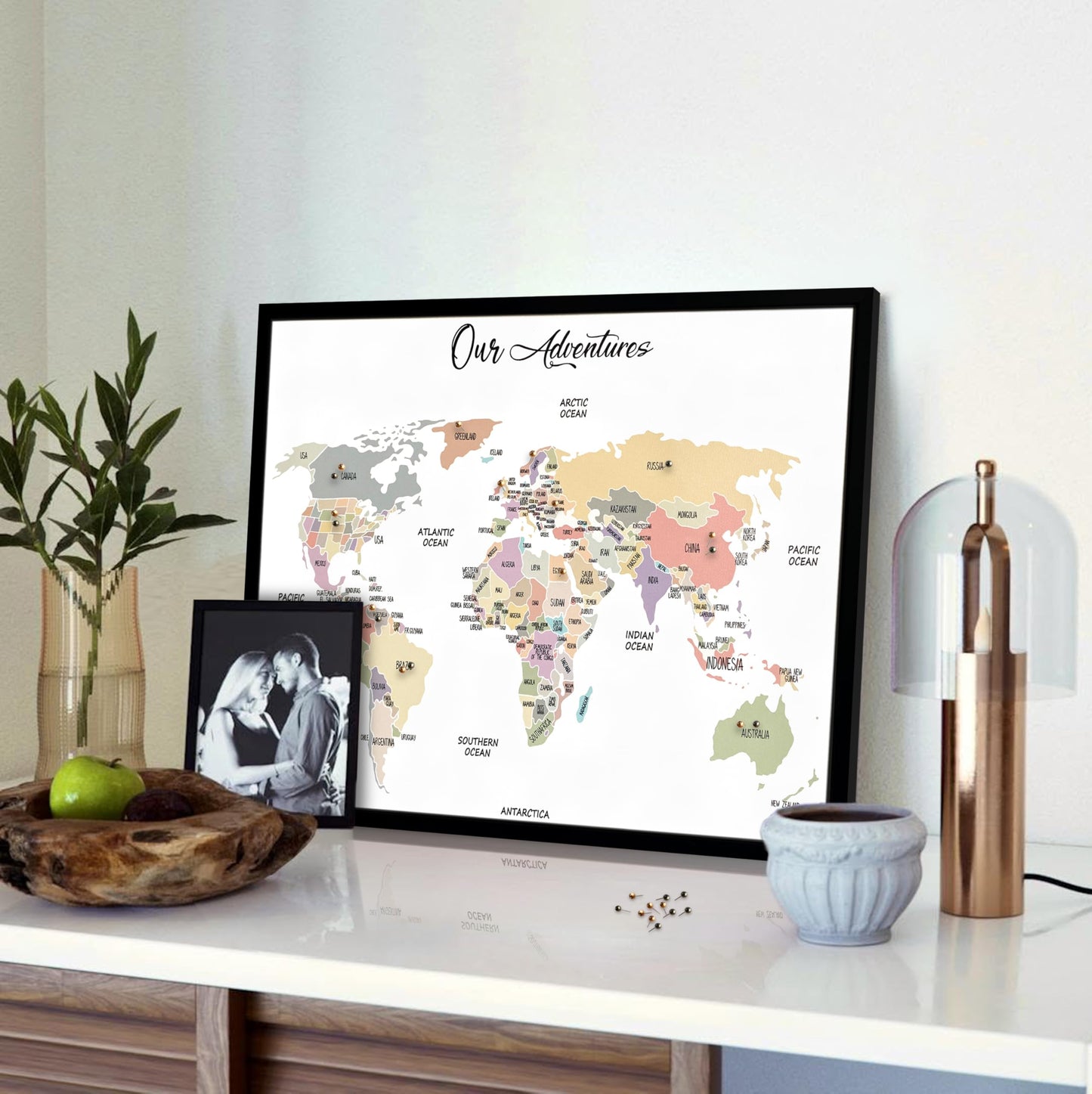 flinelife World Map Pin Board,16X12, World Travel Map With Pins, Perfect For Couples or Retirement Gift