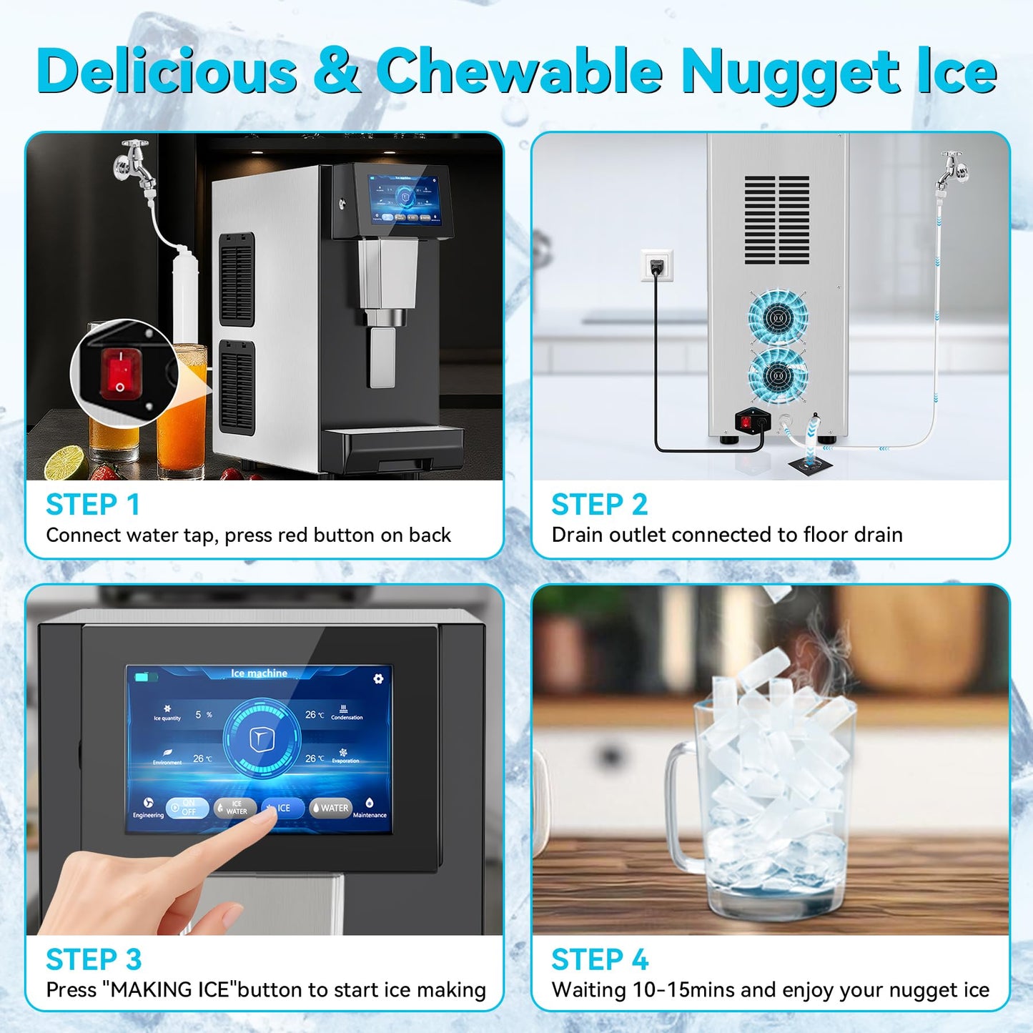 Nugget Ice Maker Machine Countertop, Ice/Water/Ice & Water Optional, 95LBS/24H Soft Pellet Crushed Chewable Ice Machine with Self-Cleaning for Home Office Kitchen Party RV