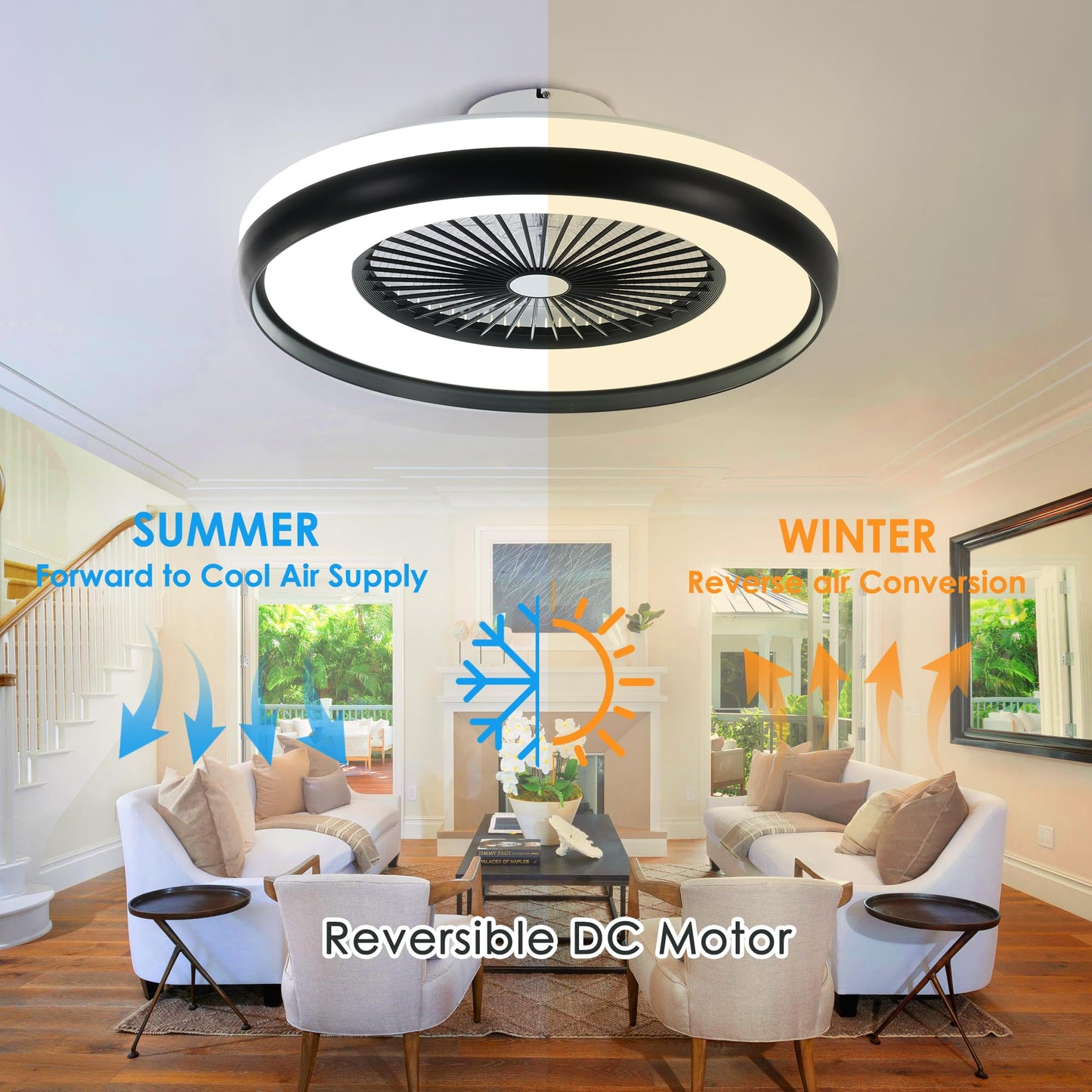 HUMHOLD 24" Bladeless Ceiling Fan with RGB Light Remote, Smart LED Ceiling Fans with Voice/App Control, Modern Low Profile Dimmable Light Ceiling Fan for Bedroom Living Room Black