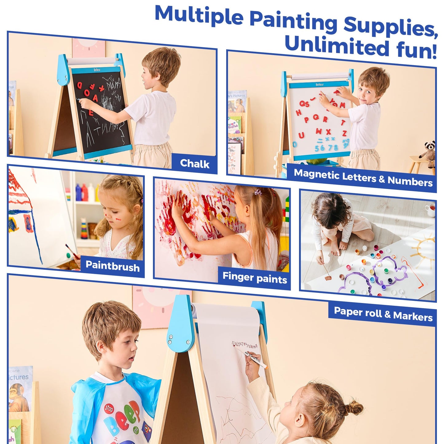 Belleur All-in-One Art Easel for Kids, Adjustable Double Sided Wooden Easel for Toddlers with Magnetic Whiteboard & Chalkboard, Paper Roll, Art Supplies, Child Painting Easel for Kid 2-8 Birthday Gift