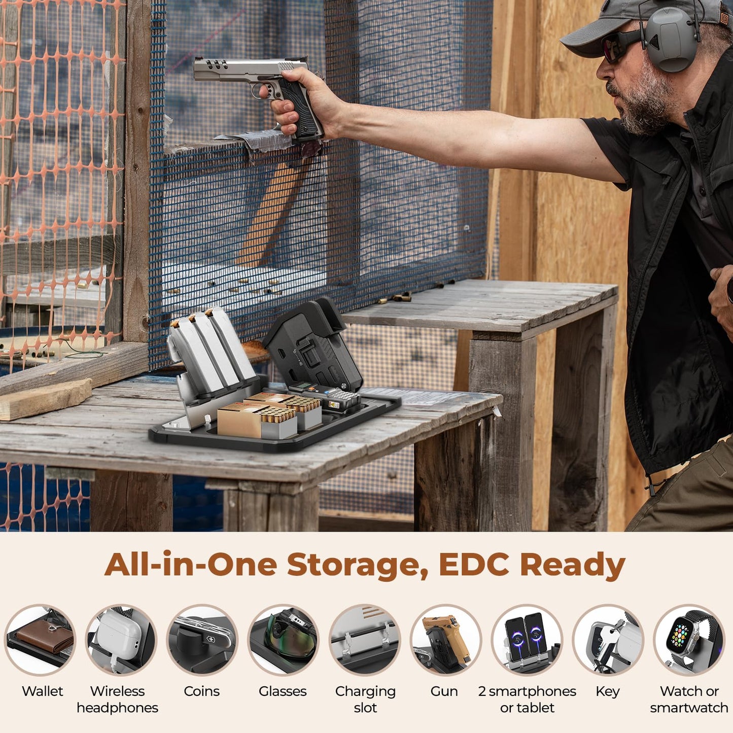 ONNAIS Gun Rack Trigger Lock - Detachable One-Hand Quick-Access Pistol Rack with Handgun Safe, All-in-One Desk & Nightstand Organizer with Phone Stand, Gun Accessories & Birthday Gifts for Men