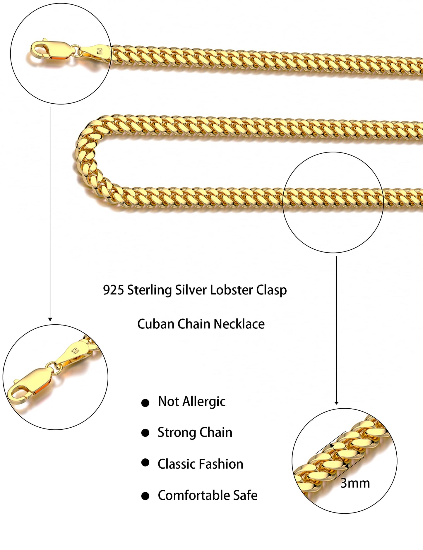 Waitsoul 925 Sterling Silver Cuban Chain Lobster Clasp 18k Gold Plated 3mm Cuban Link Curb Chain Necklace for Women Men 16-30 In
