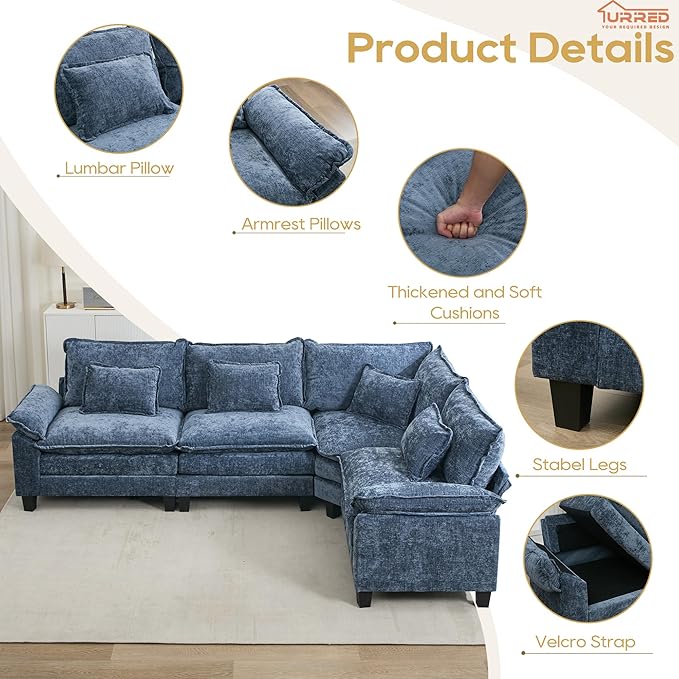 URRED Cloud Couch Modular Sectional Sofa, 116" Modern L Shaped Deep Seat Sofa with Pillows, Ultra Comfy Chenille Corner Couches for Living Room, Bedroom or Apartment, Blue
