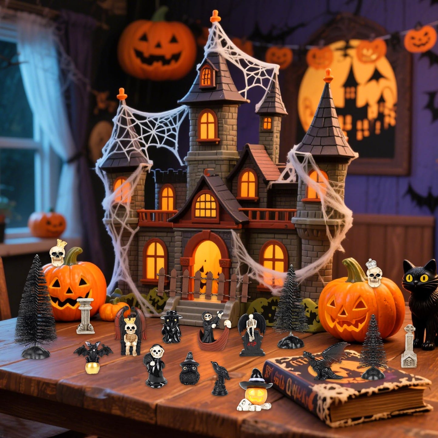 IESCOO 20 Pcs Halloween Miniatures Figurines, Mini Resin Skeleton Pumpkin Ghost Crow Bat Dragon Tombstones Tree Decorations for Halloween Village Garden Crafts Home Decor Accessories