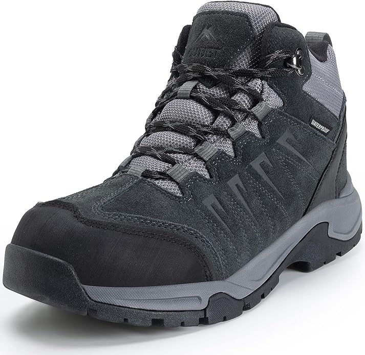 OUTJET Men's Waterproof Hiking Boots Lightweight Comfortable Leather Mid Ankle Outdoor Trekking Boot