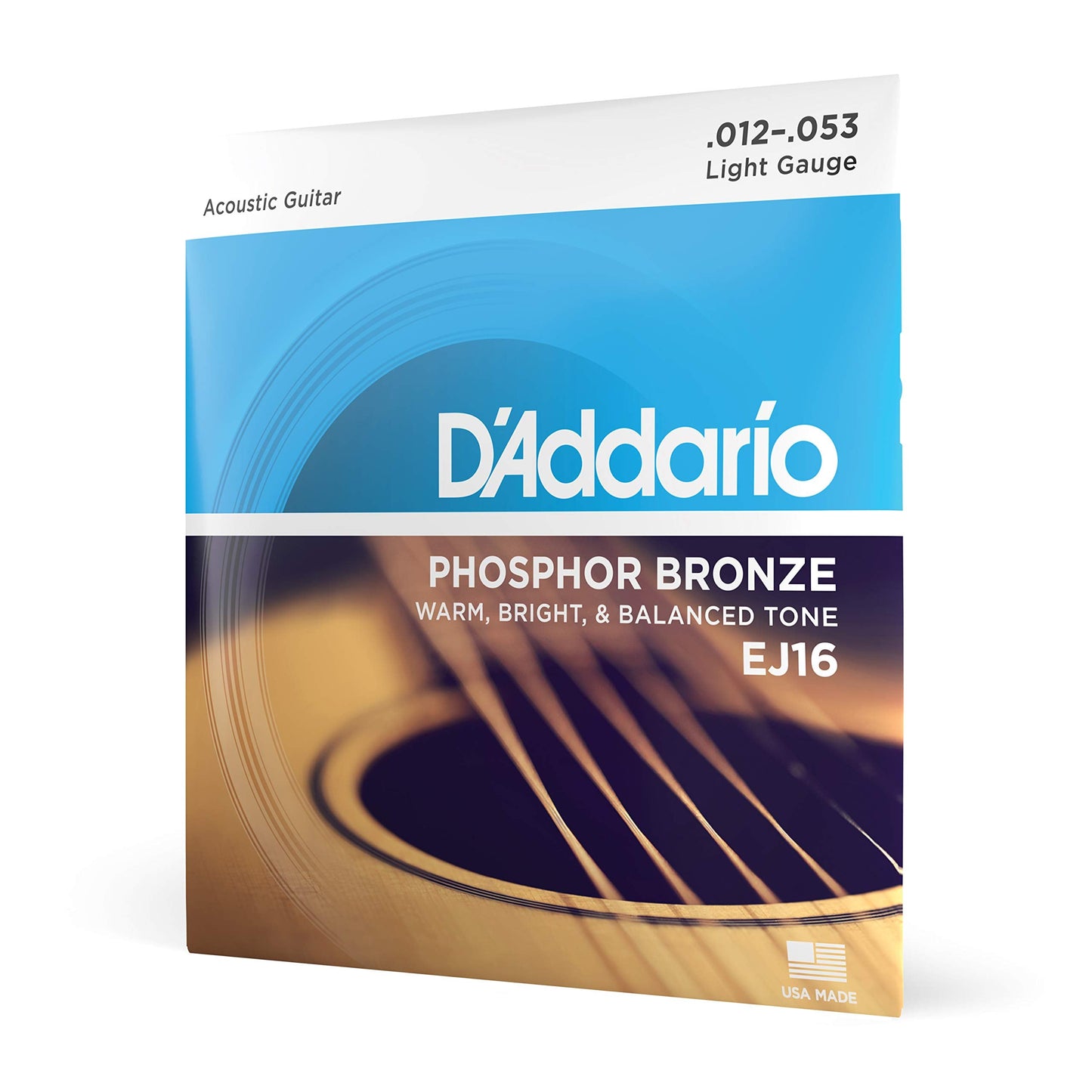 Daddario Acoustic Guitar Strings, Phosphor Bronze, Ej16, Light Gauge 12-53, 6-String Set, Pack Of 1