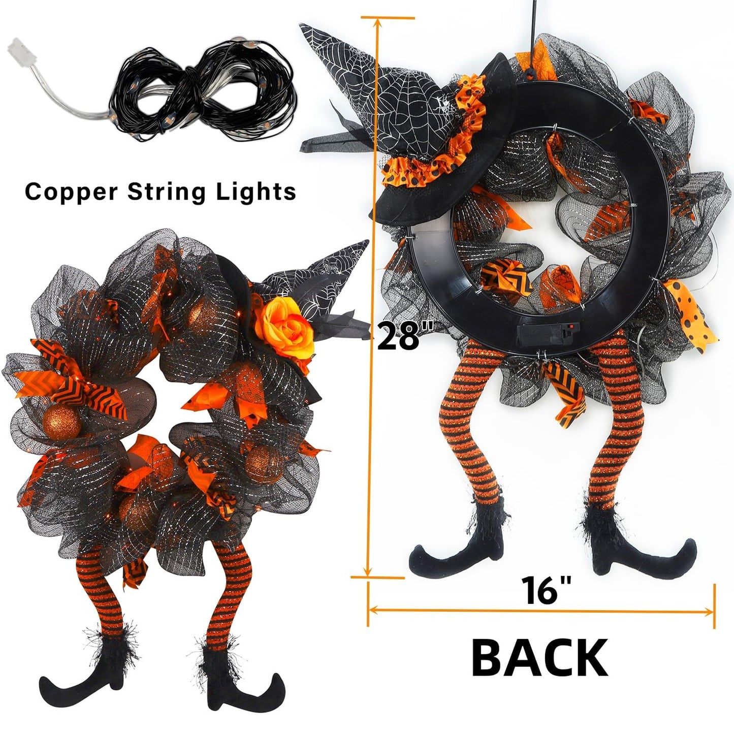 yosager Halloween Wreaths, Halloween Decorations Witch Hat and Legs Wreath, Lighted with 30 LED Orange Lights, Front Door Wall Light up Wreath Ornaments Holiday Party Thanksgiving Decor
