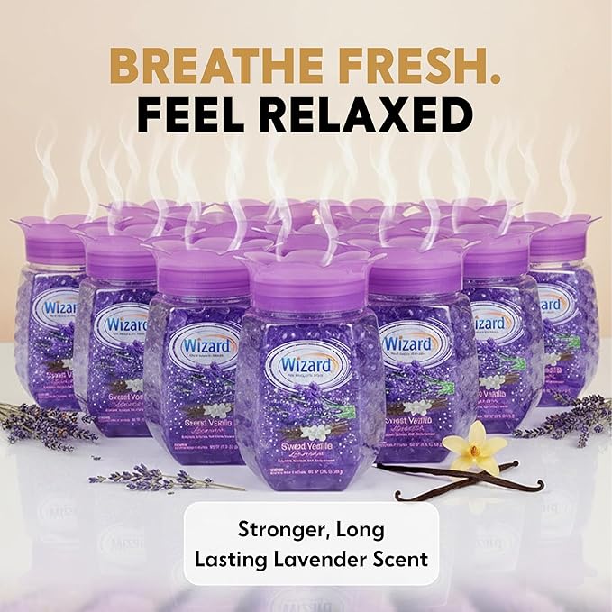 12 WIZARD Odor Eliminator Gel Beads - 12 oz, Air Freshners For Bathroom. Rooms, Per Areas and Car Freshner - Sweet Vanilla Lavender