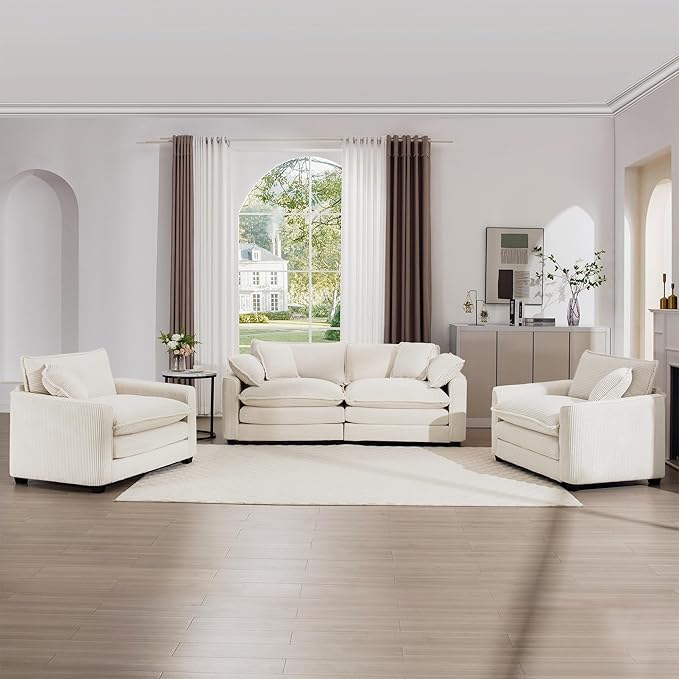 mikibama Luxury 3 Piece Sofa Set, Loveseat Couch & 2 Single Sofa Set, Modern Corduroy Comfy Cloud Couches Set for Living Room Office with 2 Armrest Pillows and 4 Toss Pillows, Beige