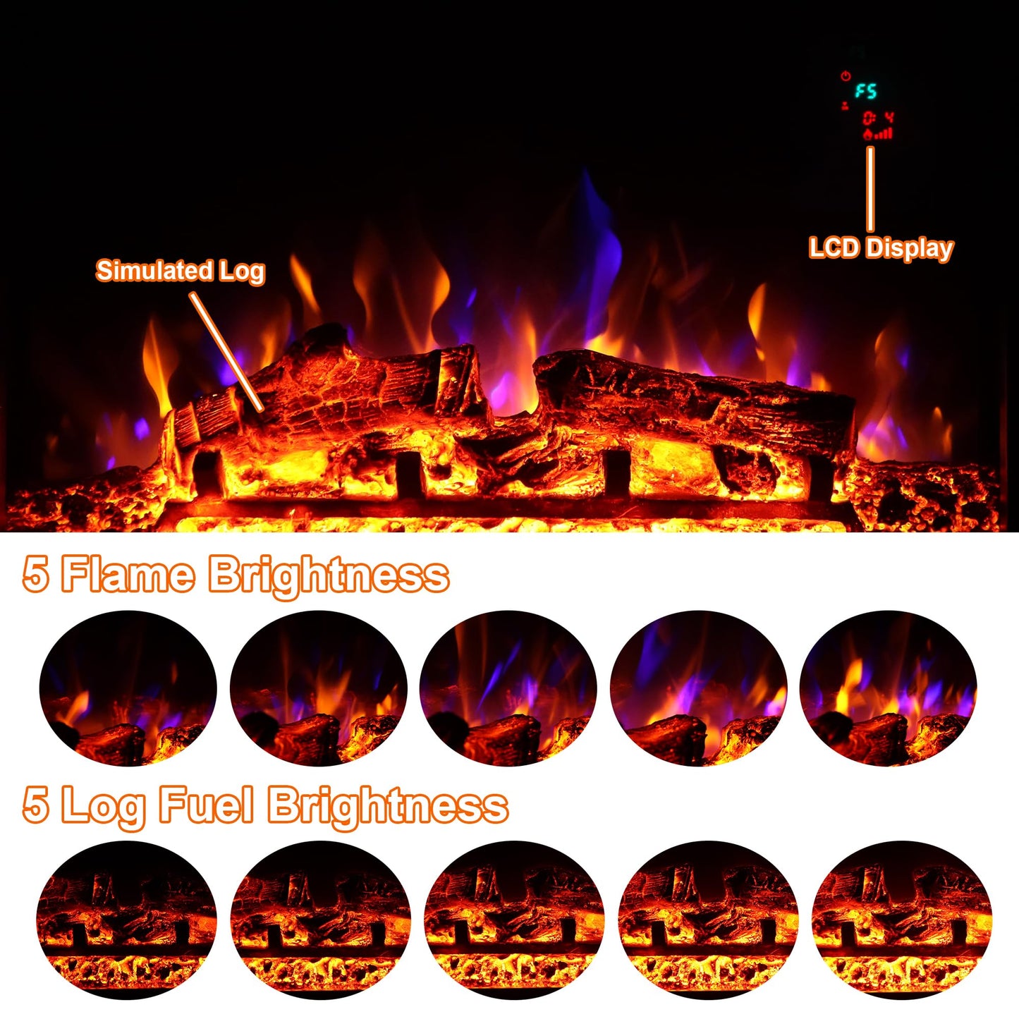 23" Electric Fireplaces Inserts, Recessed Fireplace Heater with Thermostat, 5 Flame&Fuel Bed Brightness,Timer
