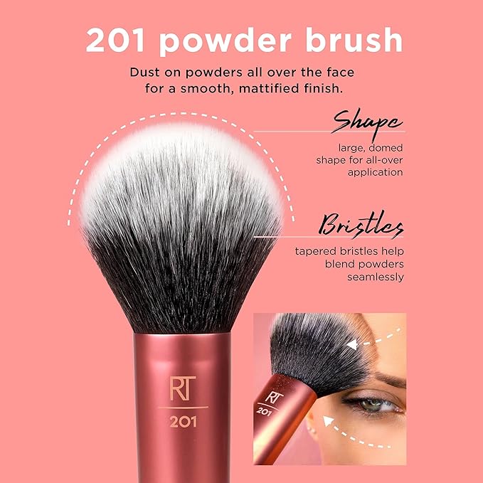 Real Techniques Powder Brush, Ultra Plush Synthetic Bristles, Aluminum Ferrules to Build Coverage, Cruelty Free, Mattified Finish, For Foundation, Setting Powder, Bronzers, Orange, 1 Count (Pack of 2)