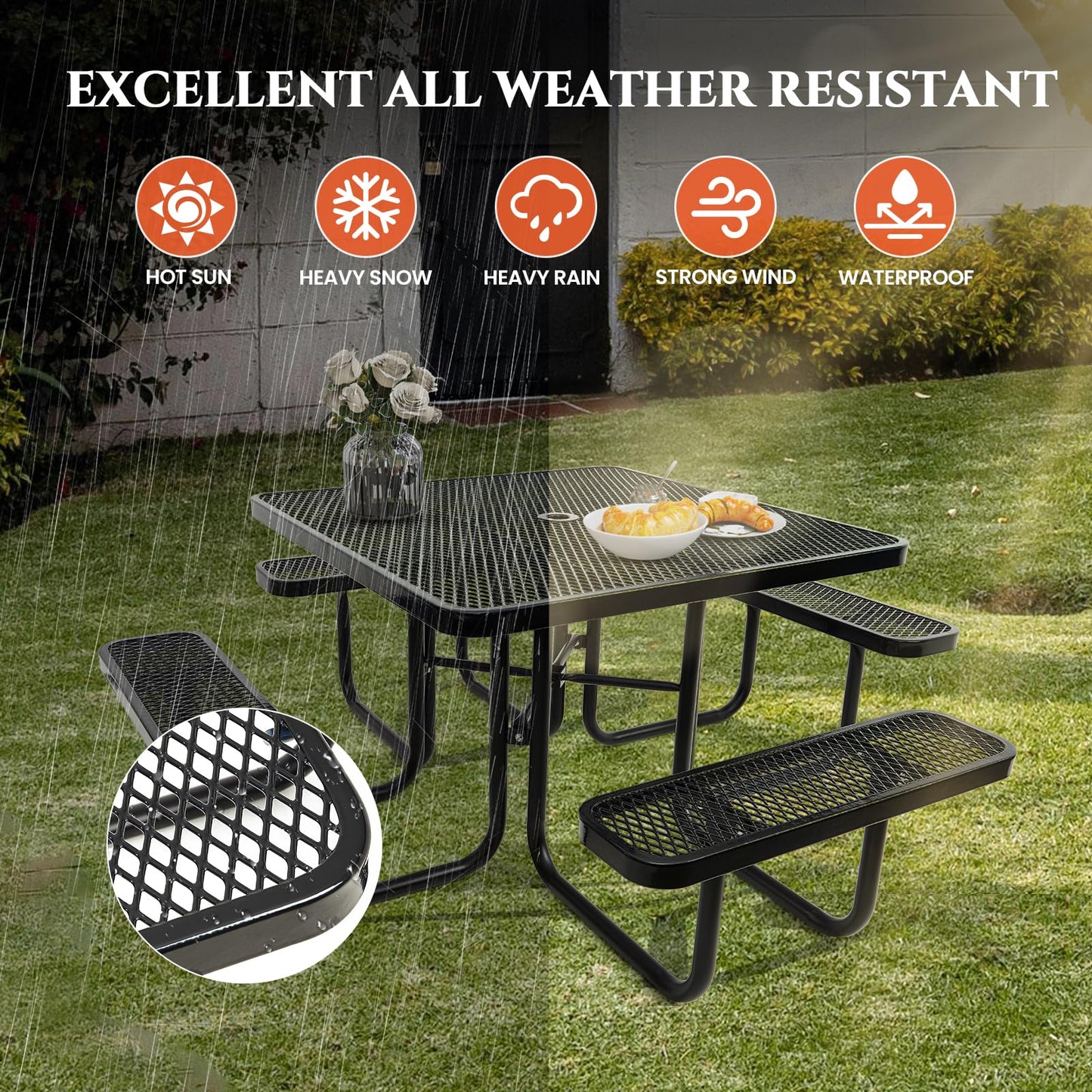 Jinrrenyi 46IN Square Metal Picnic Table Set with Umbrella Hole and Benches for Outdoor, Expanded Heavy Duty Metal Commercial Grade Patio Dining Furniture for Yard Patio Lawn Party Coffee, Black