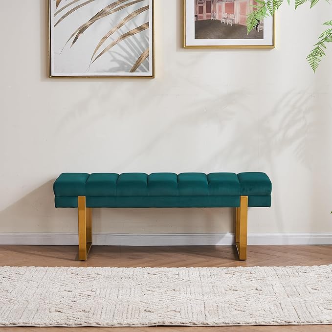 AIITTCC Velvet Ottoman Bedroom Bench, 46.5" Tufted Padded End of Bed Bench with Gold Legs, Upholstered Shoe Bench for Living Room Entryway Window (Green, 46" Wide)