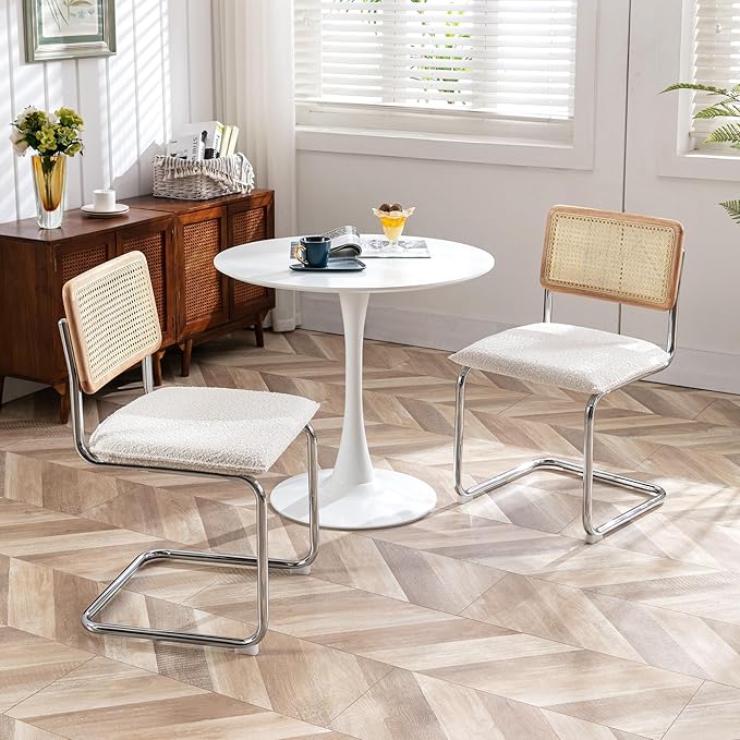 Zesthouse Rattan Dining Chairs Set of 6, Mid Century Modern Dining Room Chairs with Natural Cane Mesh & Chrome Base, White Cesca Chair Boucle Fabric, Farmhouse Kitchen Chair with Solid Wood Frame Back