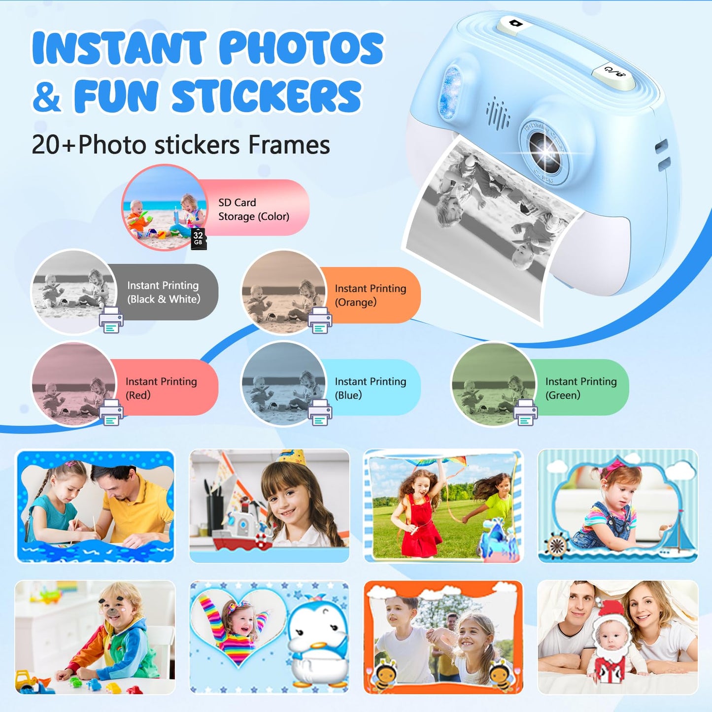 Kids Camera Instant Print 1080P Front Rear Dual Selfie - Kids Digital Camera with Video Games, 32GB & 5-Color Print Paper/ 250 Photos,Easy to Use & Great Toys Gifts for Boys Girls, Ages 3-12