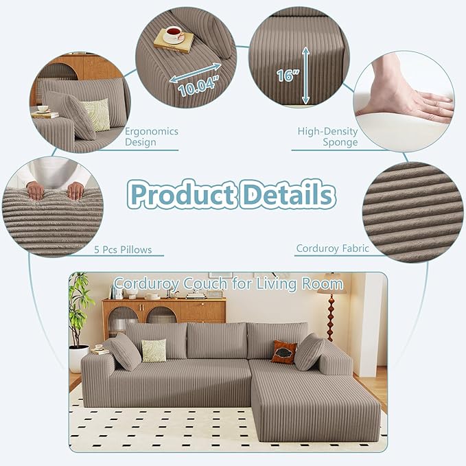 96" Cloud Sectional Couch with L-Shape Chaise, Modern Corduroy Boneless Couch for Living Room,Memory Foam Sofa with Deep Seat,No Assembly Required (Camel,Right-Facing Chaise)