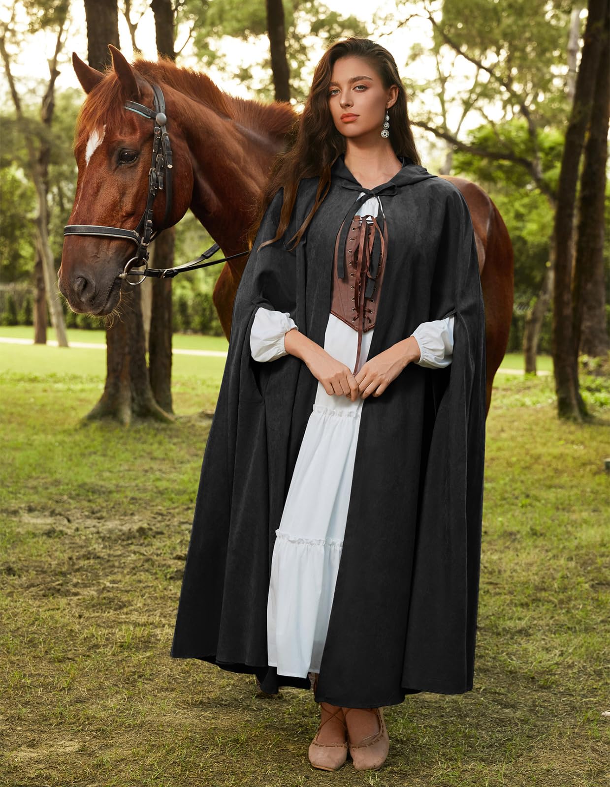 Scarlet Darkness Women Renaissance Hooded Cape Medieval Cloak Hobbit Halloween Costume Black