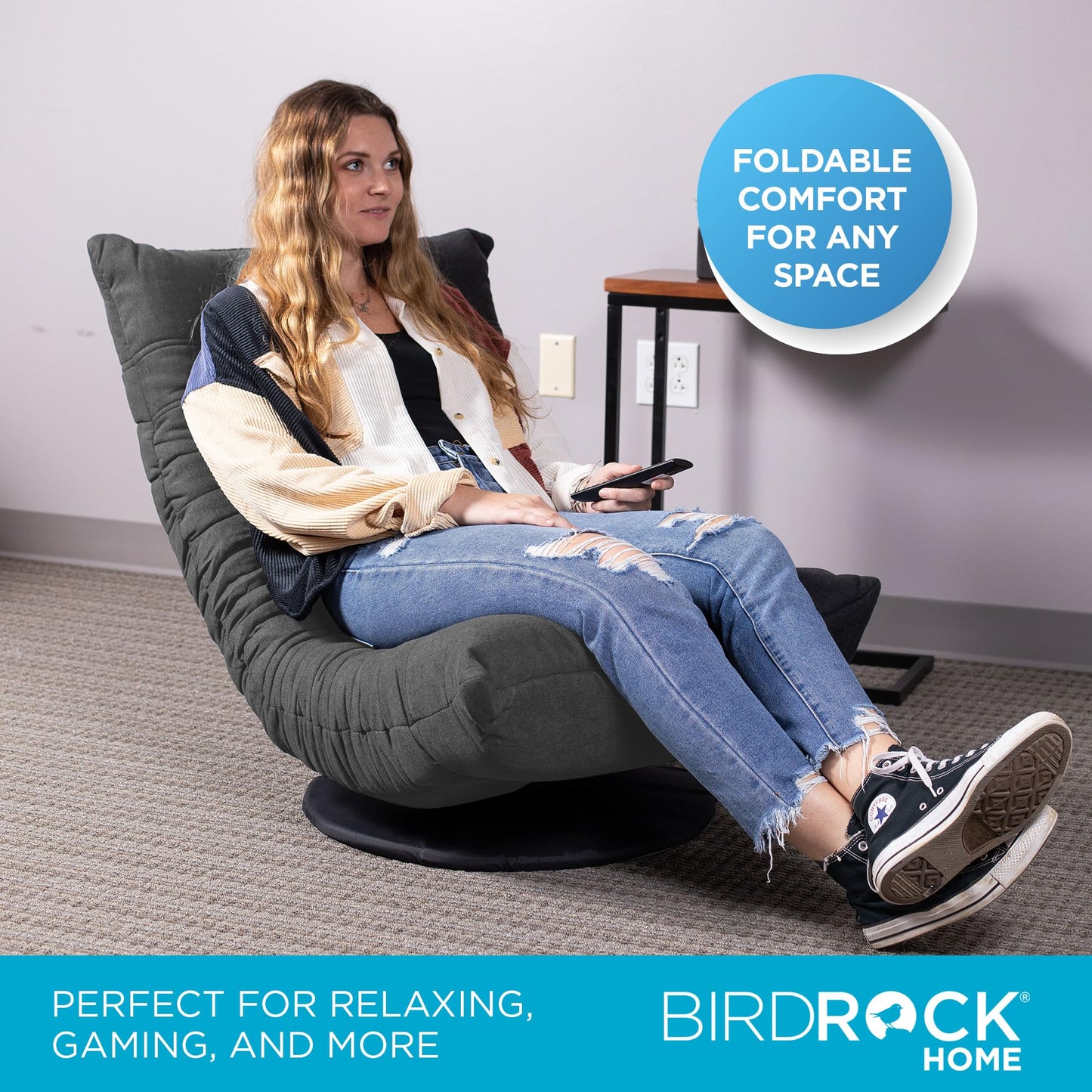 BIRDROCK HOME Swivel Floor Chair - 360 Adjustable Memory Foam Lounge Seat - Gaming - Comfortable Back Support - Cushion Dorm Rocker - Comfy for Reading Game Meditating - Fully Assembled (Grey)