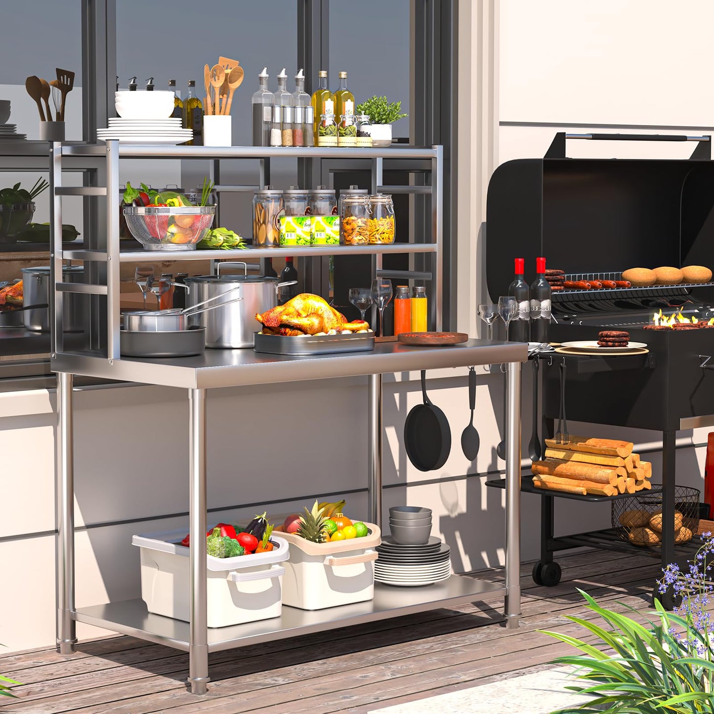 JFHID Stainless Steel Table with Shelves 48"x24" Prep Table for Commercial Kitchen Steel Countertop with 2 Adjustable Tier Overshelves Worktable Workbench for Home Restaurant (Large)