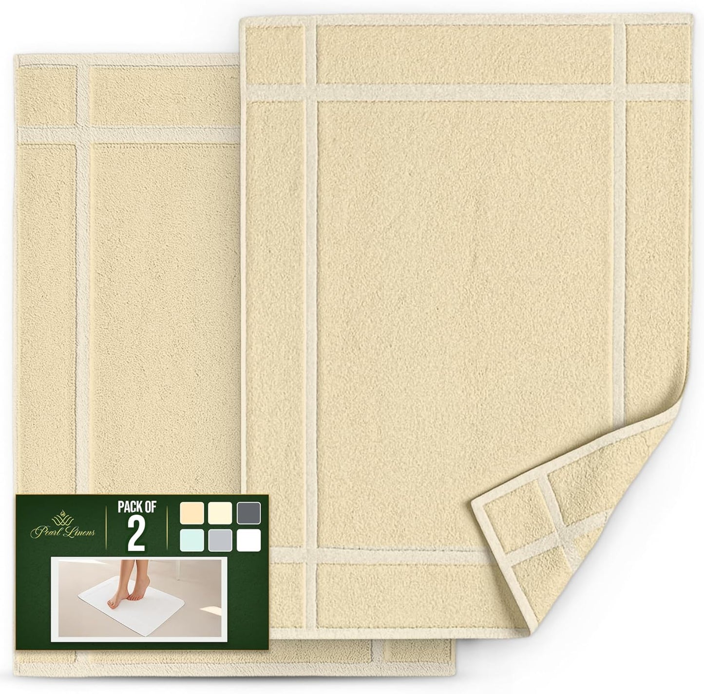 Pearl Linens Pack of 2 100% Cotton Bath Mat 18x25 inches, Soft & Absorbent Quick Dry Bathroom Mat Set, Not Bathroom Rugs, After Shower Mat, Bath Tub Mat, 687 GSM, Machine Washable, Beige