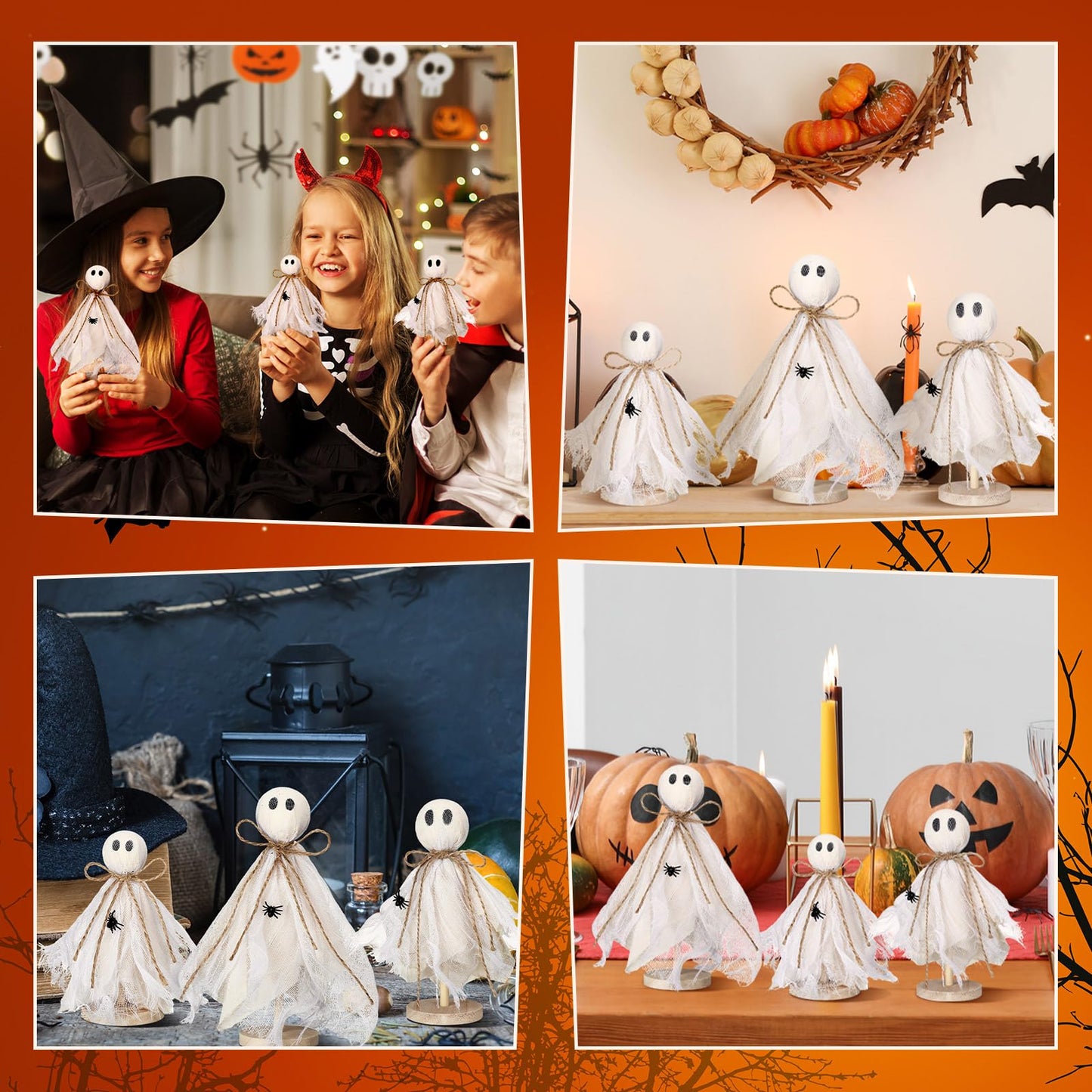 Redbaker 3 Pcs Halloween Decorations Indoor Primitive Halloween Ghost on Wooden Stand Spooky Ghost Tiered Tray Decor Rustic Table Centerpiece for Home Office Mantel Shelf Party Supplies(Beige)