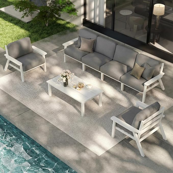 Patio Kingdom Patio Furniture Set 7 Seats, HDPE Outdoor Sectional with Gray Washable Thick Cushions, Coffee Table, Patio Conversation Sets for Lawn, Garden, Porch, Balcony, Deck (White Frame)