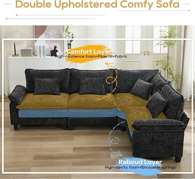 URRED Cloud Couch Modular Sectional Sofa, 116" Modern L Shaped Deep Seat Sofa with Pillows, Ultra Comfy Chenille Corner Couches for Living Room, Bedroom or Apartment, Black