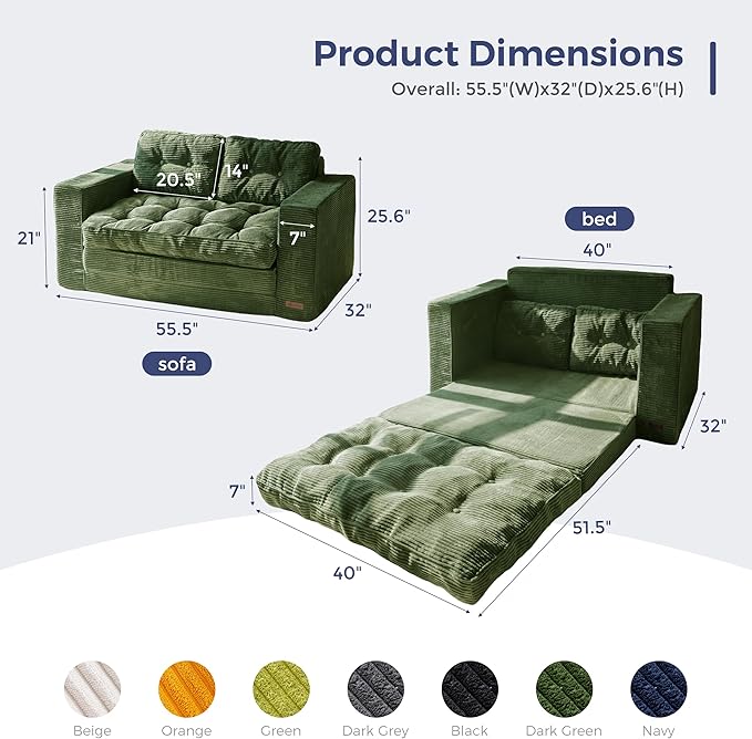 MAXYOYO Convertible Sofa Bed, Pull Out Loveseat Sleeper Sofa, 2 in 1 Folding Couch Bed, Floor Couch with Pillows for Living Room Bedroom Lounge, Dark Green