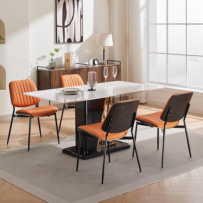 YaFiti Dining Chairs Set of 2, Mid Century Modern Dining Room Chairs, Upholstered PU Leather Vertical Stripe Kitchen Chair with Walnut Bentwood and Metal Legs, Orange
