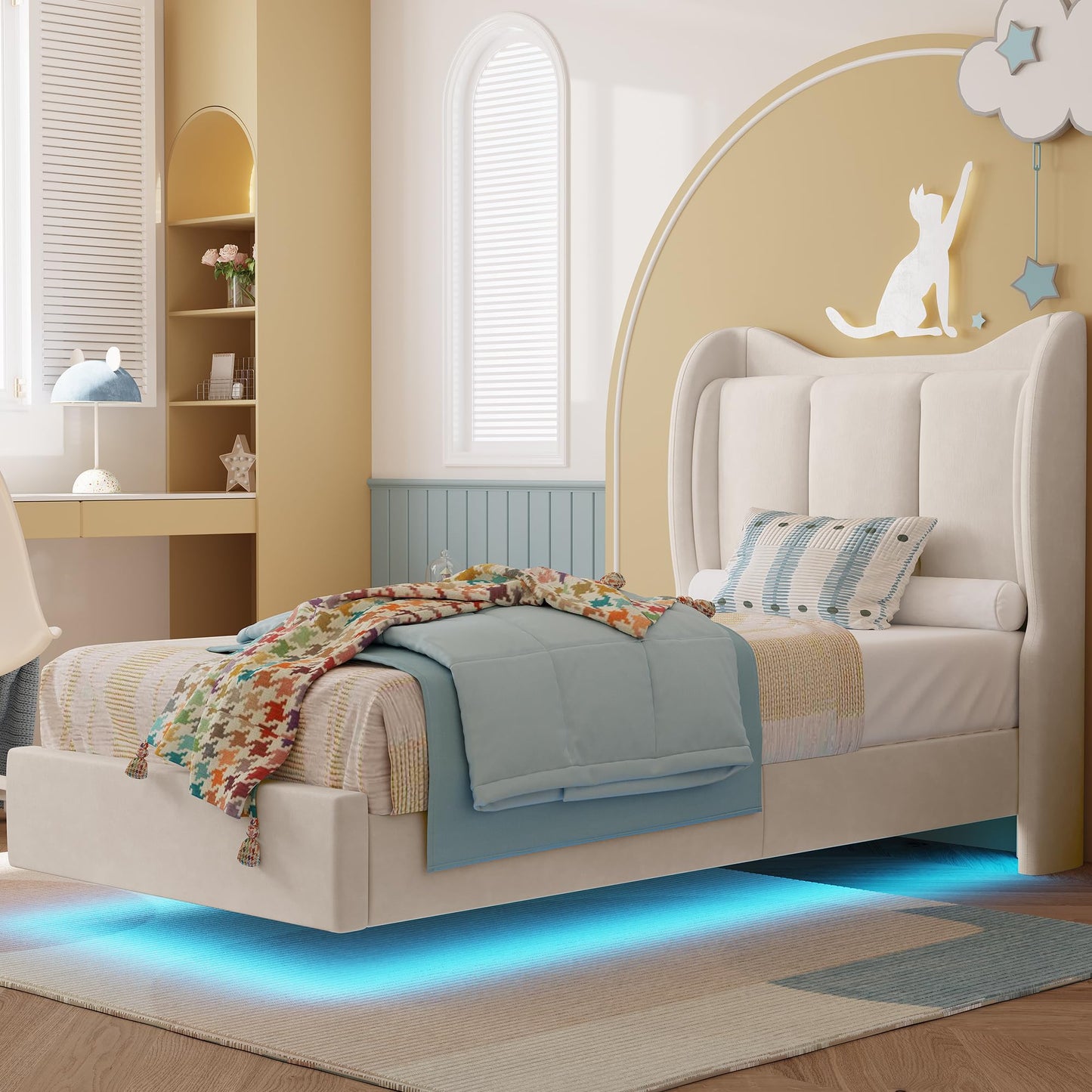 LIKIMIO Twin Bed Frame with LED Lights, Upholstered Floating Twin Platform Bed Frames with Cartoon Cat Ears Shaped Headboard, No Box Spring Needed, Cream Beds
