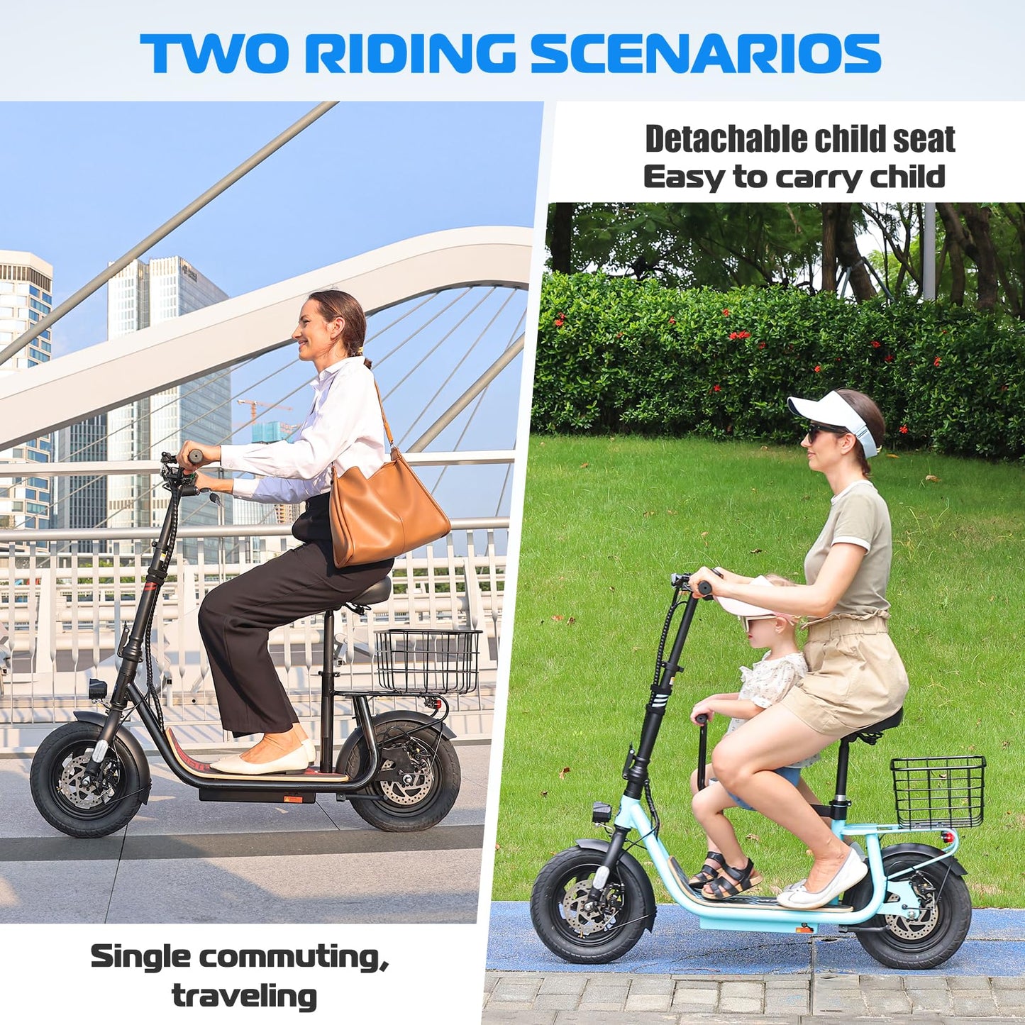Caroma Peak 1200W Electric Scooter with Seat, Electric Scooter Adults with 12" Shock-Absorbing Tires, 500Wh Battery up to 30 Miles&20MPH, Foldable Electric Bike with Seat for Commuting(White)