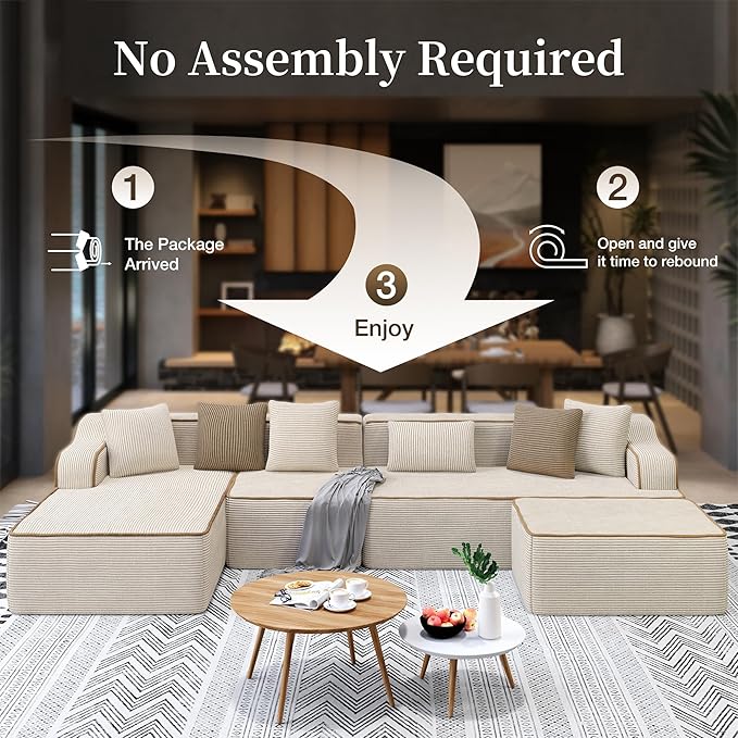 SUNSHINE VALLEY U Shaped Boneless Modular Cloud Couch, 133.5'' Oversized Corduroy Sectional Sofa for Living Room, 6-Seat Upholstered Modern Couch with Deep Seat, No Assembly Required, Beige